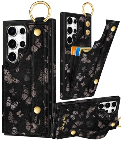 Petitian for Samsung Galaxy S22 Ultra Wallet Case, Black Butterfly - color: Black Butterfly, size: Samsung Galaxy S22 Ultra
