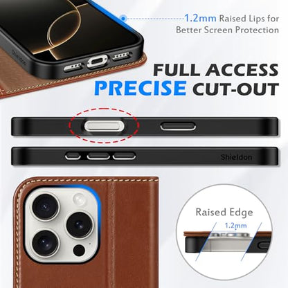 SHIELDON Genuine Leather Flip Wallet Case for iPhone 16 Pro, Retro Brown | RFID Blocking, Credit Card Holder, Magnetic Closure, Kickstand, Folio Design, Soft Shock-Absorbent Phone Cover - color: Retro Brown