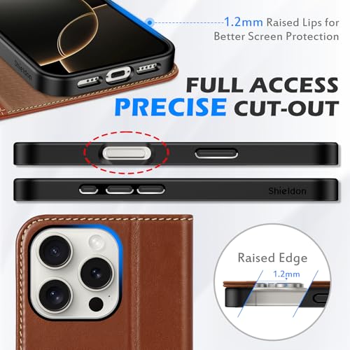 SHIELDON Genuine Leather Flip Wallet Case for iPhone 16 Pro, Retro Brown | RFID Blocking, Credit Card Holder, Magnetic Closure, Kickstand, Folio Design, Soft Shock-Absorbent Phone Cover - color: Retro Brown