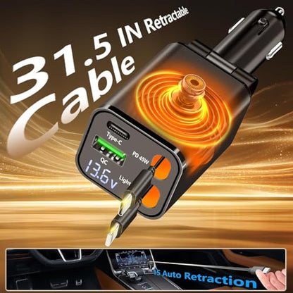 Retractable Car Charger, 120W USB-C & Lightning Cable Fast Charge