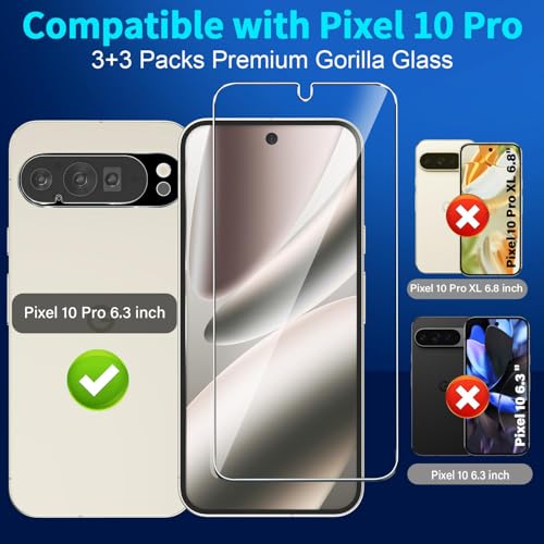 letosan 3 Pack for Google Pixel 10 Pro Screen Protector Tempered Glass + 3 Pack Camera Lens Protector, Military Grade Shatterproof, 9H Hardness, Fingerprint Unlock,Case Friendly 6.3 Inch - size: Pixel 10 Pro 6.3 Inch