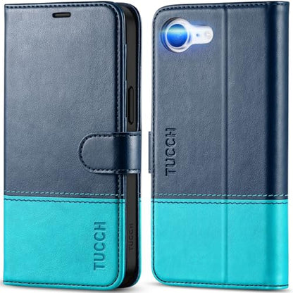 TUCCH Wallet Case for iPhone 17e/16e (6.1"), 4 Card Slots, Blue & Lake Blue | RFID Blocking, Viewing Stand, Shockproof TPU Shell, PU Leather, Magnetic Closure, Protective Folio Flip Cover - color: Two-tone Blue & Lake Blue