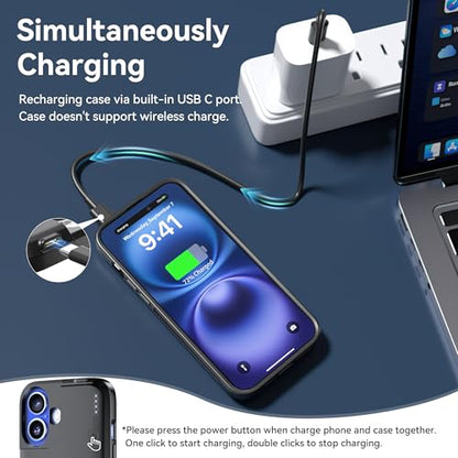 NEWDERY Battery Case for iPhone 16 Plus USB C Portable Charger Case 8000mAh | Portable Protective Power Bank CarPlay, Sync-Data Supported, Rechargeable Charger Case,6.7", Black - size: iPhone 16 Plus-8000mAh