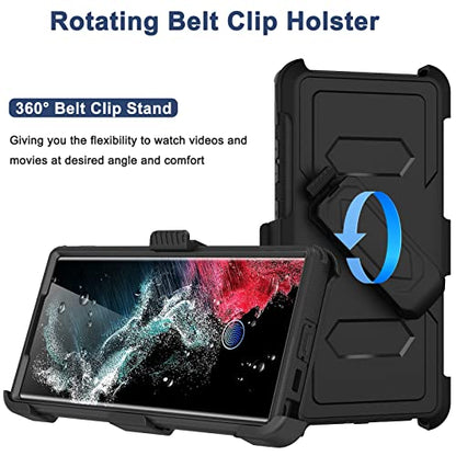 for Samsung Galaxy S22 Ultra Case with Belt Clip Holster, 2X Screen Protector, Military Grade Protection Heavy Duty Full Body Shockproof Rugged Protective Cover for Samsung S22 Ultra 5G (Black C) - color: Black C