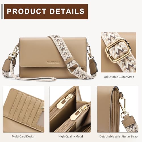 Small Crossbody Bags for Women RFID Vegan Leather Wristlet Phone Mini Purse Shoulder Handbag Wallet Travel Purse - color: Khaki