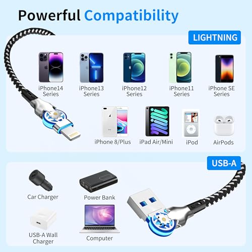 90 Degree Lightning Cable with 180° Rotating iPhone Charger Head,Swivel Charger Cord with MFi,6.6FT Right Angle Lightning Cable,Fast Charging,Apple Carplay,Data Sync for iPhone 14/13/12/11/X,iPad