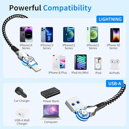 90 Degree Lightning Cable with 180° Rotating iPhone Charger Head,Swivel Charger Cord with MFi,6.6FT Right Angle Lightning Cable,Fast Charging,Apple Carplay,Data Sync for iPhone 14/13/12/11/X,iPad