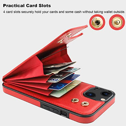 Folosu Compatible with iPhone 14 Case Wallet with Card Holder, 360°Rotation Finger Ring Holder Kickstand, RFID Blocking Leather Protective Double Buttons Shockproof Cover 6.1 Inch Red - color: Red, size: iPhone 14