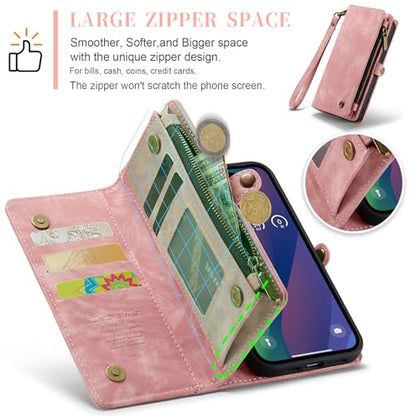 Compatible with iPhone 15 Plus Wallet Case with Magsafe,Pink | Magnetic Detachable Case,Card Holder,Zipper Pocket,Strap Wristlet, Soft Leather Drop-Proof Phone Case for iPhone 15 Plus - color: Pink, size: iPhone 15 Plus 6.7"