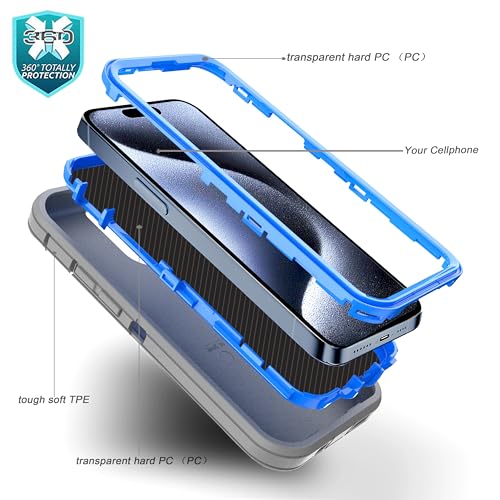 for iPhone 15 Pro Case Shockproof Dropproof Dust-Proof Drop Proof 3-in-1 Durable Phone Case Heavy Duty Protection Phone Case Cover for Apple iPhone 15 Pro 6.1" Grey/Blue