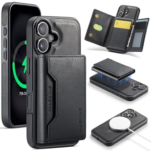 K2 2 in 1 Detachable Magnetic Phone Cases Compatible with iPhone 17 Case with Card Holder RFID Blocking, Compatible with Magsafe Wallet, Leather 6.3'' (Black, iPhone 17) - color: Black, size: iPhone 17