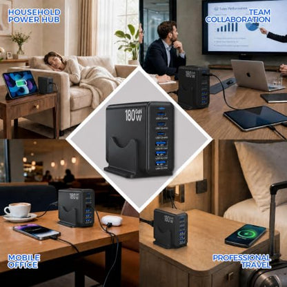 180W GaN Multi Charger Station, USB Charger Block, Desktop Charging Station - color: Black-180