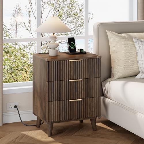 Wood Nightstands Set of 2 w/Charging Station, 3 Drawers Fluted Dresser - color: Walnut, size: 3 Drawers-Set of 2 Nightstand