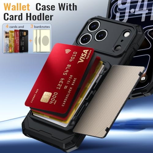 for iPhone 17 Pro Wallet Case With 4-5 Card Holder, 360° Stand - color: Black, size: iPhone 17 Pro