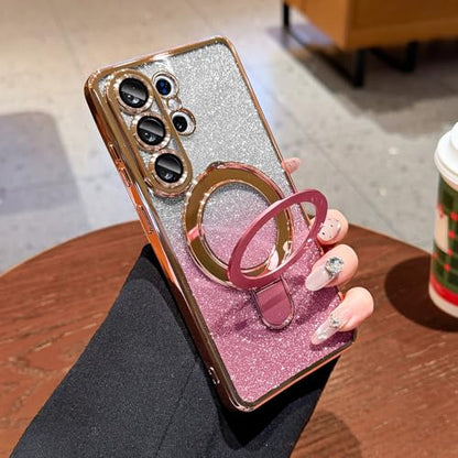 LXK Magnetic for Samsung Galaxy S26 Ultra Case with Stand, Compatible with MagSafe, with Camera Protector, Clear Luxury Glitter Bling Drop Protection iPhone Case for Galaxy S26 Ultra, Pink - color: Pink Glitter