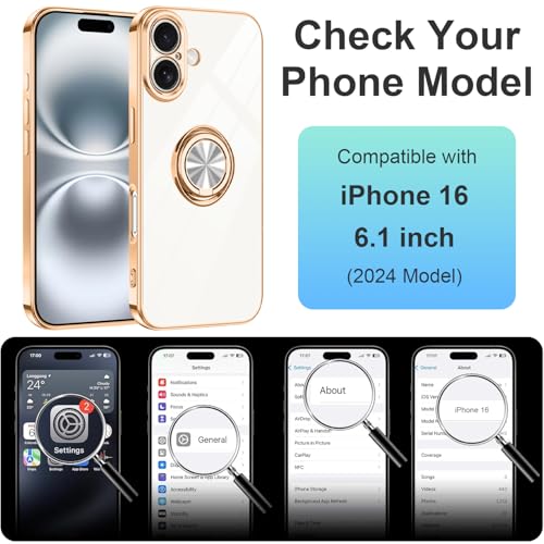 Dinick White for iPhone 16 Case with Ring Holder Kickstand - color: White, size: 6.1'' iPhone 16