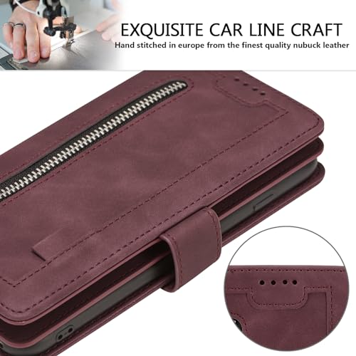 EYZUTAK Wallet Phone Case for Samsung Galaxy A15 4G/5G, Retro Matte 9 Card Holder Slots Zipper Pocket Handbag Case PU Leather Magnetic Closure Kickstand with Wrist Strap Flip Purse Case - Wine Red - color: Wine Red, size: Samsung Galaxy A15 4G/5G