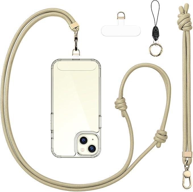 Anti-Theft Phone Lanyard Crossbody & Wrist Strap Keychain with 2 Phone Tabs - color: Beige