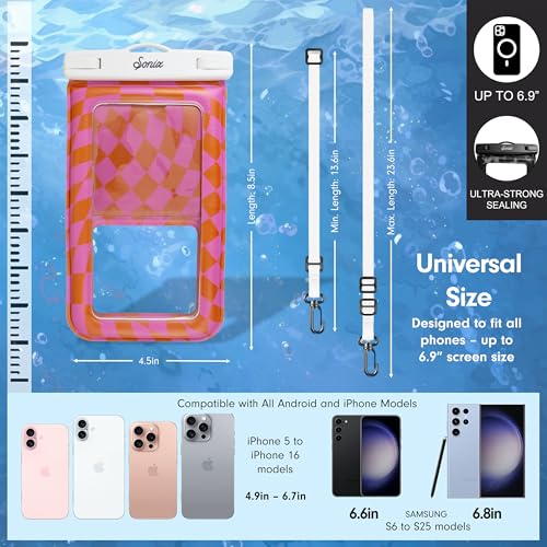 Sonix Waterproof Phone Pouch - Floating Phone Case Dry Bag w/Crossbody Lanyard - Beach Cruise Travel Essentials - Compatible w/All Devices, Touchscreen Friendly | Checkmate Pink/Orange - color: Checkmate Pink/Orange