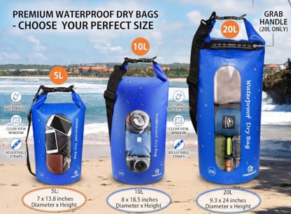 Freegrace Waterproof Dry Bag with Double Zip-Lock, Phone Case & Waist Pouch | 5L Navy Blue, Clear Window, Submersible 500D Drysack, Adjustable Crossbody Strap, Gear For Kayaking, Boating, Beach, Swimming - color: Navy Blue, size: 5L, style: Window