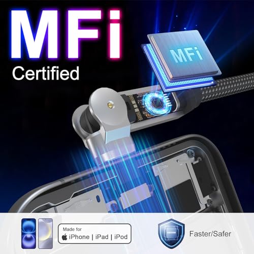 90 Degree USB C to Lightning Cable with 180°Rotating Head - 6.6FT PD Fast Charger Type C to Lightning Right Angle Swivel Cable, MFi Certified Apple Carplay Cable for iPhone 14 13 12 11 X Xs Pro, iPad