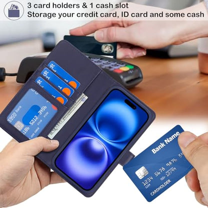 Ｈａｖａｙａ for iPhone 16 Case Detachable Wallet Case with Card Holder，2 in 1 Pu Leather Flip Folio Credit Card Slots Stand Compatible Magsafe Magnetic Shockproof Phone Cover (6.1")-Blue - color: Blue-Detachable