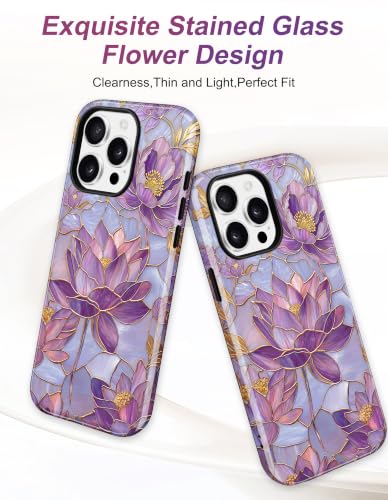 Magnetic Flower Phone Case for iPhone 15, Purple | Compatible with MagSafe, Cute Stained Glass Lotus Floral Aesthetic, TPU and PC Protective Phone Cover for Women Girls - color: Purple