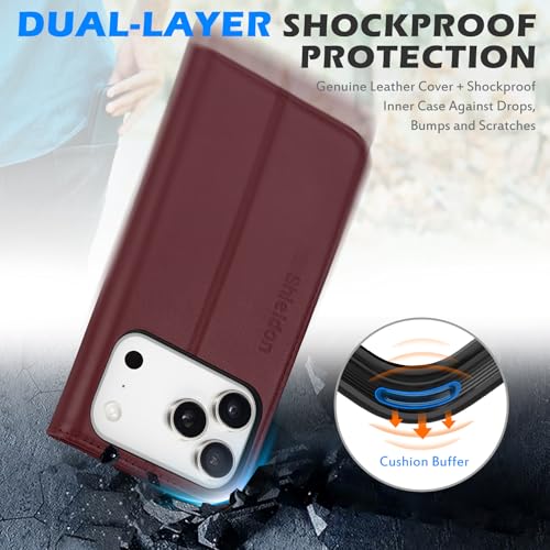 SHIELDON Genuine Leather Flip Wallet Case for iPhone 17 Pro 6.3", Wine Red | RFID Blocking, Credit Card Holder, Magnetic Closure, Kickstand, Folio Design, Soft Shock-Absorbent Phone Cover - color: Wine Red