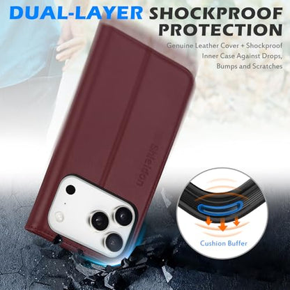 SHIELDON Genuine Leather Flip Wallet Case for iPhone 17 Pro 6.3", Wine Red | RFID Blocking, Credit Card Holder, Magnetic Closure, Kickstand, Folio Design, Soft Shock-Absorbent Phone Cover - color: Wine Red