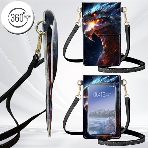 for Women Cell Phone Purse,with Touchscreen Cell Phone Purse,PU Leather Shoulder Bag Waterproof Phone Wallet Case with Clear Touch Screen Window up to 6.7 inch Smartphone, - color: Flame Dragon -170