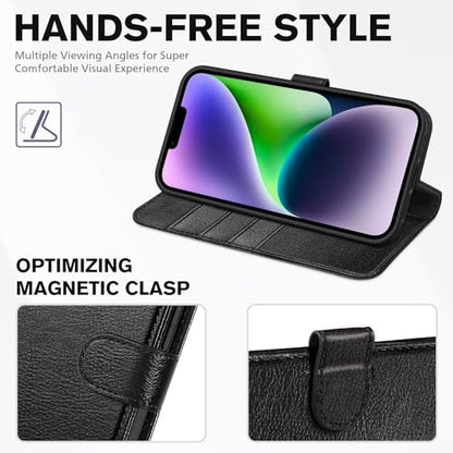 TUCCH Wallet Case for iPhone 14 (6.1") 2022, Flip Stand, Textured Black | RFID Blocking, 4 Card Holders, Kickstand, PU Leather, Shockproof TPU Shell, Magnetic Closure, Protective Folio Cover - color: Black - Textured