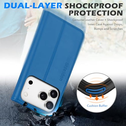 SHIELDON Genuine Leather Wallet Case for iPhone 17 Pro 6.3", Sapphire Blue | Magnetic Closure, RFID Blocking, Credit Card Holder, Kickstand, Folio Design, Shockproof Phone Cover for Men Women - color: Sapphire Blue