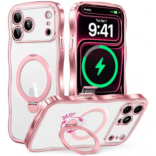 GolbinBox iPhone 17 Pro MagSafe Ring Stand Wave Case, Pink/Clear | Premium electroplated wave frame, stable MagSafe charging, reinforced corners, and raised camera and screen edges. - color: Pink/Clear, size: For iPhone 17 Pro 6.3 Inch