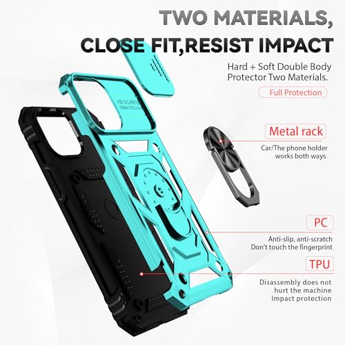 for iPhone 12 Mini Case with Camera Lens Cover HD Screen Protector, Dual Layer Military Grade Drop Protection Magnetic Ring Holder Kickstand Protective Phone Case for iPhone 12 Mini 5.4 inch (Mint) - color: Mint with camera cover Military-Grade 2nd gen