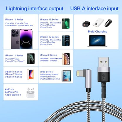 3Pack Right Angle Short iPhone Charge Cable, 90 Degree Apple USB A to Lightning Cable 15cm+30cm+30cm, Nylon Braided Sync Data Charger Cable, Fast Charge Cord for iPhone 14 13 12 11 Pro Max Xr 8 7 Plus