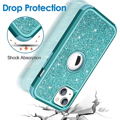 Hython Case for iPhone 13 Case Glitter, Cute Sparkly Shiny Bling Sparkle Cover, Heavy Duty 3 in 1 Hybrid Hard PC Soft TPU Bumper Full Body Shockproof Protective Phone Cases for Women Girls, Teal - color: Teal
