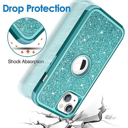 Hython Case for iPhone 13 Case Glitter, Cute Sparkly Shiny Bling Sparkle Cover, Heavy Duty 3 in 1 Hybrid Hard PC Soft TPU Bumper Full Body Shockproof Protective Phone Cases for Women Girls, Teal - color: Teal