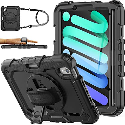 SEYMAC stock Case for iPad mini 7 (A17 Pro) 2024/ Mini 6 8.3'' with Screen Protector Pencil Holder [360 Rotating Hand Strap] &Stand, Drop-Proof Case for iPad mini 7th/6th Generation 8.3", Black - color: Black