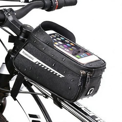 Bike/Bicycle Phone Holder Bag, Bicycle Front Frame Bag, Waterproof Tube Bag, Bike Accessories, Cycling Pouch with TPU Touch-Screen& Sun-Visor Compatible Phone Under 6.5” (Black) - color: Black