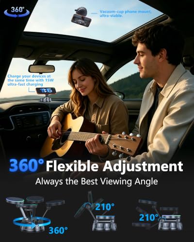 15W MagSafe Car Charger Mount, Magnetic Wireless Car Phone Holder with Dual Input Port, Vacuum Suction & Nano Adhesive Base, 360° Rotation Stable Car Charging Stand for iPhone 12-17, Samsung S26