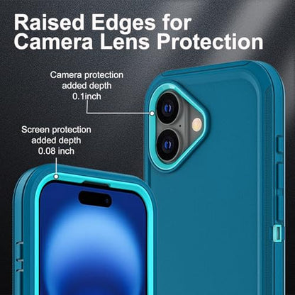 YKHJKLEC for iPhone 16 Case, Military Grade 3 in 1 Heavy Duty Shockproof/Drop Proof/Dust Proof Case with 2Pcs Tempered Glass Screen Protector (Blue/Turquoise) - color: Blue/Turquoise