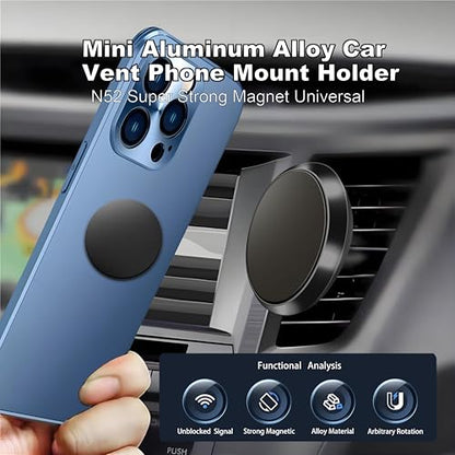 Mini Aluminum Alloy Car Vent Phone Mount Holder - N52 Super Strong Magnet Universal Compatible with for iPhone 17 Pro/16/15/14, Samsung Galaxy, iPad & mini Tablets - 2 Pack (Black)