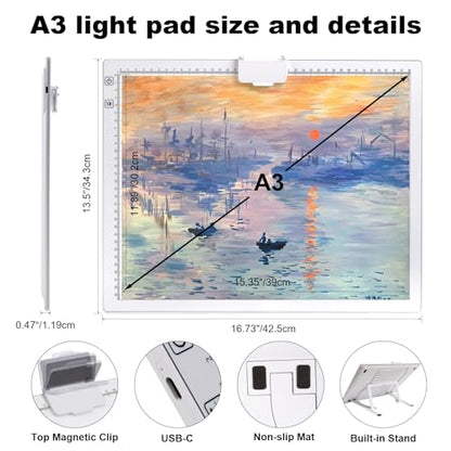 YINGWOND A3 Rechargeable LED Light Pad,Light Box for Tracing with Integrated Stand,3 Light Colors 6 Levels of Brightness and stepless dimming,Light Board for Diamond Painting,Drawing,Artists - style: Rechargeable-A3 White