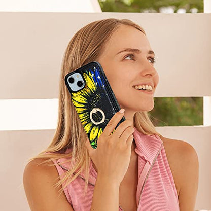 HAOPINSH for iPhone 13/ iPhone 14 Wallet Case with Card Holder, 360°Rotation Ring Kickstand, American Flag Sunflowers Pattern, RFID Blocking Leather for Girls Women, Double Buttons Flip Cover 6.1" - color: American Flag Sunflowers
