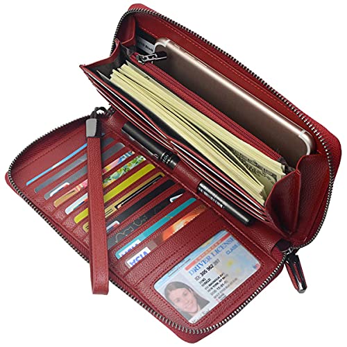 Bveyzi Women RFID Blocking Wallet Leather Zip Around Phone Clutch Large Capacity Ladies Travel Purse Wristlet - color: Wine Red