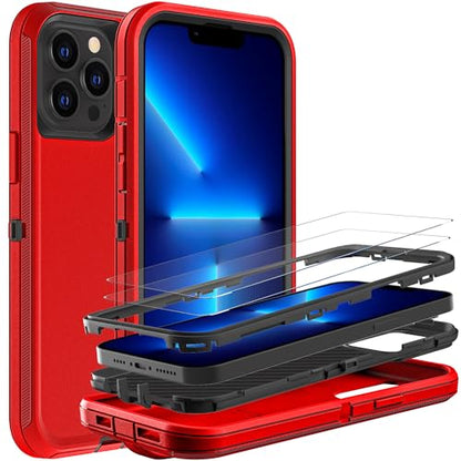 YKHJKLEC for iPhone 13 Pro Case, Military Grade 3 in 1 Heavy Duty Shockproof/Drop Proof/Dust Proof Case with 2Pcs Tempered Glass Screen Protector (Red/Black) - color: Red/Black