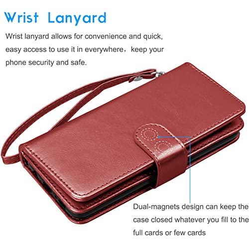 Tekcoo Wallet Case Compatible with iPhone 14 (6.1 inch) 2022 Luxury ID Cash Credit Card Slots Holder Carrying Pouch Folio Flip PU Leather Cover [Detachable Magnetic Hard Case] with Strap [Wine Red] - color: W-Wine Red, size: IP 14 (6.1")