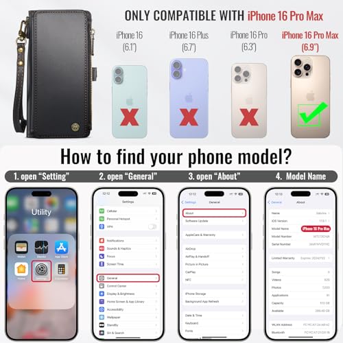 Defencase for iPhone 16 Pro Max Wallet Case with RFID Card Holder, Black | Durable Soft PU Leather, with Zipper Pocket, Wrist Strap, Fashion Snap Flip Phone Cases Cover with Stand for Women and Men - color: Black