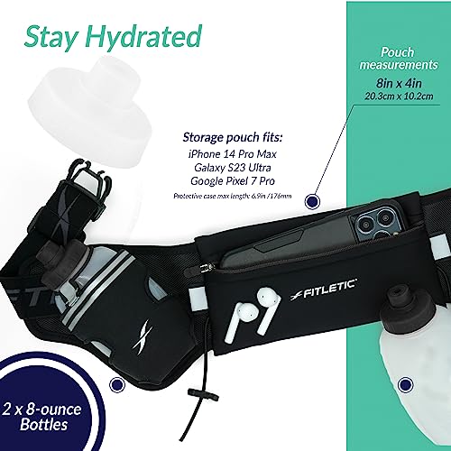 Fitletic Hydration Running Belt with Water Bottles for Men & Women – 2 Quick Flow 8oz Running Water Bottles, Patented Bounce Free Design, Water Resistant Pouch Fits All Phones – Hydra 16 - size: S/M (24"-34"), style: Black