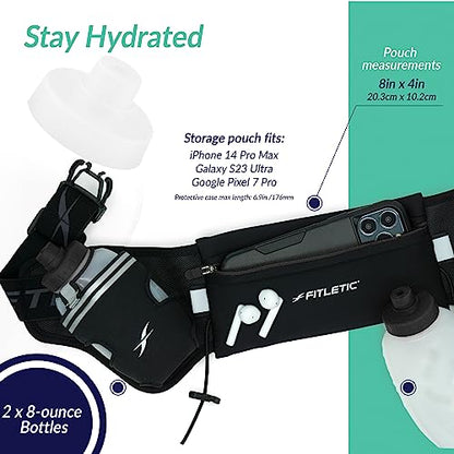 Fitletic Hydration Running Belt with Water Bottles for Men & Women – 2 Quick Flow 8oz Running Water Bottles, Patented Bounce Free Design, Water Resistant Pouch Fits All Phones – Hydra 16 - size: S/M (24"-34"), style: Black